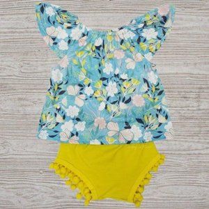 Mint Floral Yellow Pompom Bottoms Outfit Set